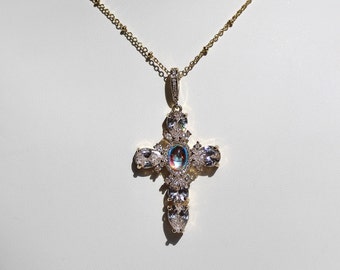 Bling Cross Necklace, 14k Yellow Gold or White Gold, CZ Diamonds, Rosary, Diamond Cross Necklace, Christian Jewelry, Gift for Her