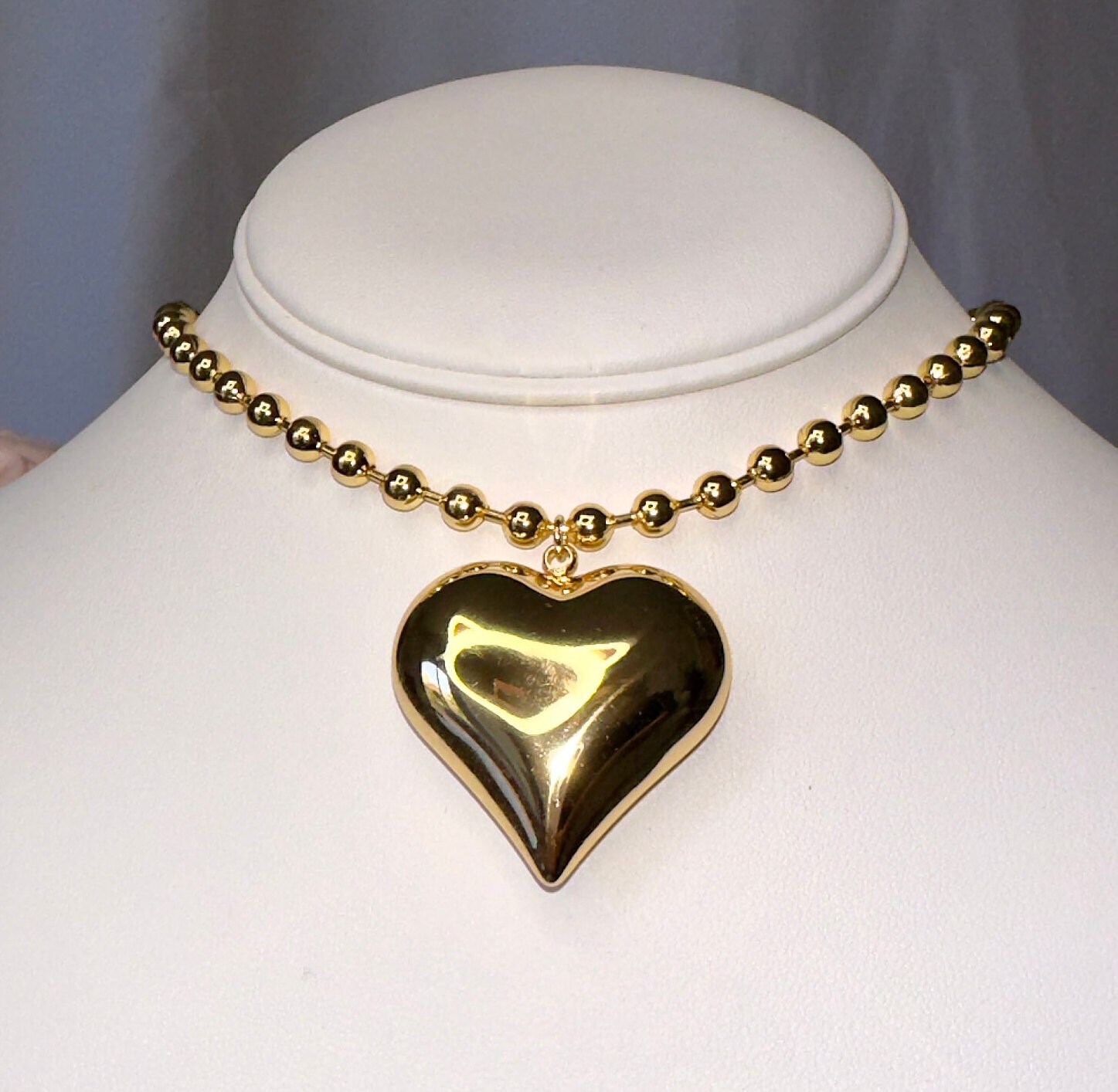 ■VINTAGE HOLLYWOOD■ Petit Heart Ball Chain Necklace VH2313 Chunky Heart Choker, Gold Heart Necklace, Puffy Heart