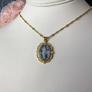 Gold Christian Pendant, Blue Agate Pendant, Vintage Necklace, Coquette style jewelry, Catholic Jewelry, Handmade Necklace, Christian Jewelry