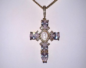 Bling Cross Necklace, Large Gold Cross Pendant, 14k Gold Cross, Catholic Necklace, Christian Jewelry, Statement Necklace, Gift