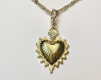 Gold Sacred Heart Necklace, Milagro Heart Pendant, 14k Gold Heart Pendant, Custom Length Jewelry, Catholic Jewelry, Christian Jewelry
