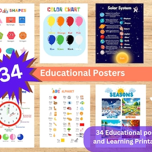 Lernposter, 34 Heimschuldrucke, Montessori-Klassenzimmerdekor, Kleinkind-Spielzimmer, geistige Gesundheit, Spielzimmer-Wandkunst, zweisprachig
