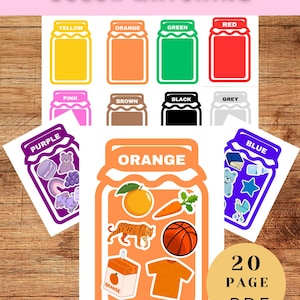 Pode incluir: Uma atividade imprimível de 20 páginas PDF para crianças combinarem cores. A atividade apresenta um frasco com vários objetos laranja, incluindo um tigre, uma bola de basquete, uma cenoura e uma caixa de suco de laranja. O título da atividade é "COLOR MATCHING".