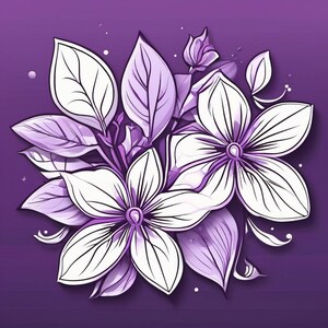 May include: A bouquet of white flowers with purple leaves on a purple background. The flowers have a delicate, intricate design.