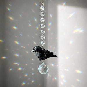 May include: A hanging suncatcher ornament featuring a small, carved black bird figurine suspended between a vertical strand of clear, faceted crystal beads and a single, round, clear crystal prism sphere at the bottom, creating light refractions.