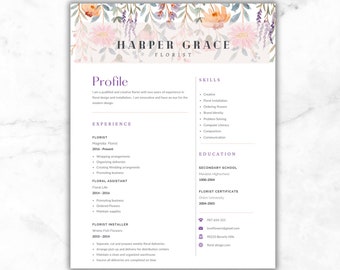 Peut inclure: Un modèle de CV sur le thème floral pour une fleuriste nommée Harper Grace. Le modèle présente un design floral aquarelle dans des tons roses, pêche et violets. Le CV comprend des sections pour le profil, l'expérience, les compétences, la formation et les coordonnées.