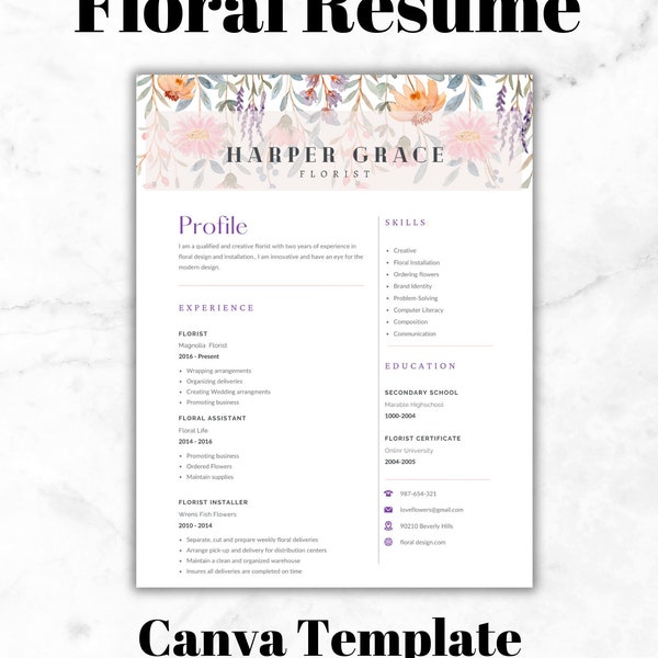 Floral Watercolor Feminine Florist Canva Template Resume