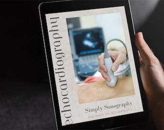 Peut inclure: Une tablette affichant la couverture d'un livre intitulé "Simply Sonography" par Amy Parker, BA, ACS, RDCS, RVT. La couverture présente une photo d'un sonographe effectuant une échographie sur un patient.