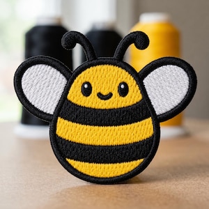 May include: An embroidered iron-on patch shaped like a round bumblebee with a yellow and black striped body, two white wings, and two antennae. The bee has a simple face with two black eyes and a small curved smile stitched in black thread.