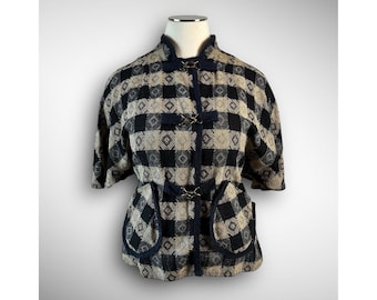 Vtg 60s Tan & Black Plaid Cape Jacket! Country Horse Girl Prep Cloak Mod Cottage Pinup