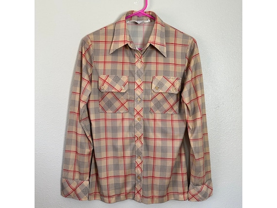 vintage 70s plaid button-down shirt size M long s… - image 1