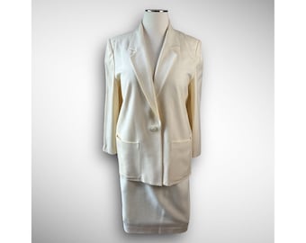 Vtg Jason Prescott Cream Wool Skirt Suit 24W/20W Plus Office Formal White Ivory Bridal Minimalist