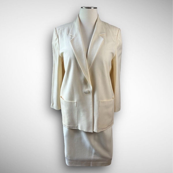 Vtg Jason Prescott Cream Wool Skirt Suit 24W/20W Plus Office Formal White Ivory Bridal Minimalist