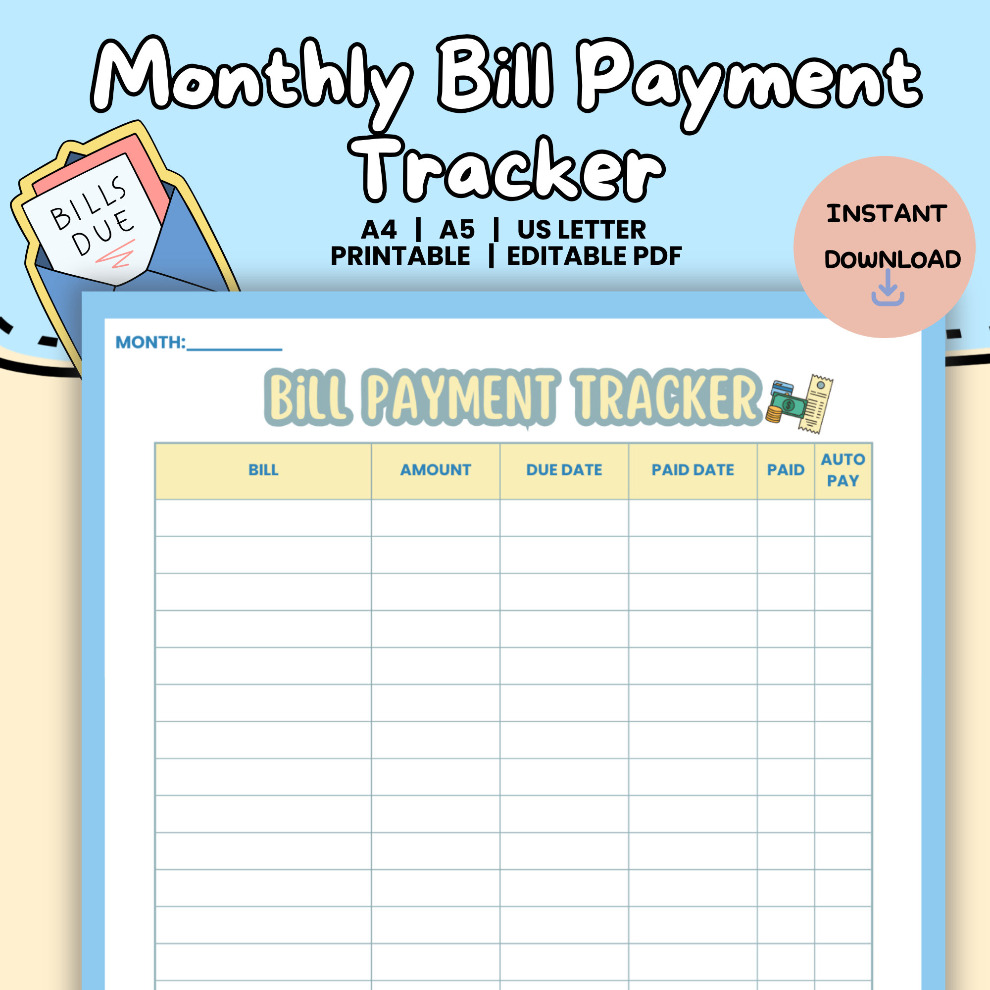 Editable Monthly Bill Payment Tracker Instant Download Editable Annual ...