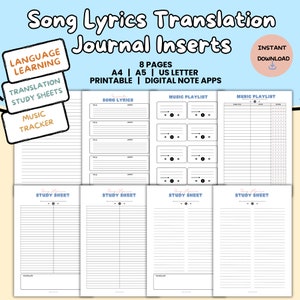 Song Lyrics Translation Journal Inserts Study Sheet | Printable Language Learning Worksheet | Digital Music Playlist Tracker | Planner 2024