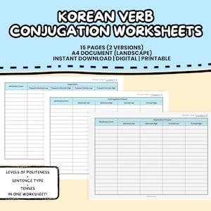 Korean Verb Conjugation Worksheet Practice Study Pack | Digital Download Language Learning Printables for Language Learners