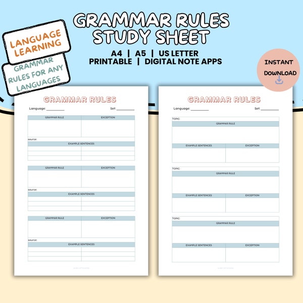 Digital Grammar Rules Study Worksheet | Printable Language Learning Study Notes iPad | Journal Inserts Goodnotes Notability Templates
