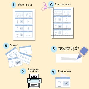 May include: A step-by-step guide on how to make Korean alphabet flashcards. The steps include printing, cutting, gluing, laminating, and folding. The image shows a printed sheet of paper with Korean alphabet characters, scissors, glue, a laminator, and a folded card.