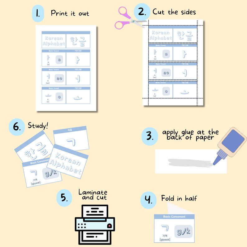 May include: A step-by-step guide on how to make Korean alphabet flashcards. The steps include printing, cutting, gluing, laminating, and folding. The image shows a printed sheet of paper with Korean alphabet characters, scissors, glue, a laminator, and a folded card.