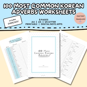 100 Most Common Korean Adverbs Study Pack | Learn Vocabulary Words | Instant Download Printable Worksheet | Foreign Language Learning PDF