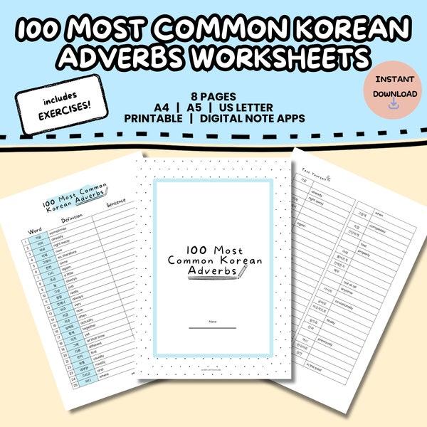 100 Most Common Korean Adverbs Study Pack | Learn Vocabulary Words | Instant Download Printable Worksheet | Foreign Language Learning PDF
