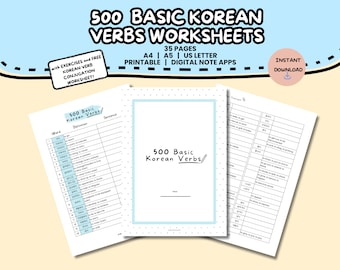 500 Basic Korean Verbs Worksheet Study Pack | Learn Vocabulary Words | Instant Download Printable Worksheets | Foreign Language Learning PDF