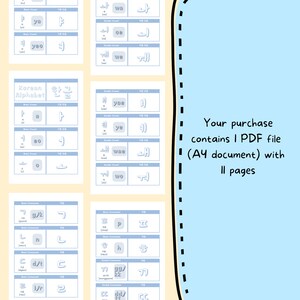 May include: A printable worksheet with a light blue background and black text. The worksheet is a guide to the Korean alphabet, showing the basic vowels, consonants, and double vowels. The text includes the Korean word for the alphabet, "Hangul", and the English translation, "Korean Alphabet".
