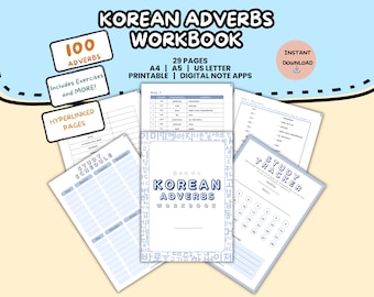 May include: A digital workbook for learning Korean adverbs. The cover features a blue and white design with the text "Korean Adverbs Workbook" and "100 Adverbs". The workbook includes study schedules, study trackers, and exercises.