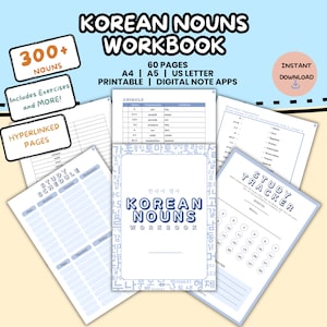 Korean Nouns Workbook Study Pack | Learn Vocabulary Words | Instant Download Printable Worksheets Foreign Language Learning PDF | Goodnotes