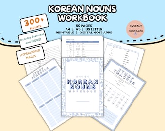 Pack d'étude pour le cahier d'exercices sur les noms coréens | Apprendre des mots de vocabulaire | Téléchargement immédiat de feuilles d'exercices imprimables PDF | Bonnes notes
