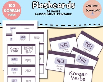 May include: A set of printable Korean verb flashcards. The flashcards are purple and white with Korean text and English translations. The text on the flashcards includes "Korean Verbs", "하다", "먹다", "오다", and "가다".
