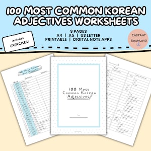 100 Most Common Korean Adjectives Study Pack | Learn Vocabulary Words | Instant Download Printable Worksheet | Foreign Language Learning PDF