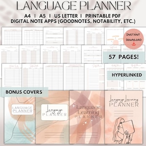 Cuaderno del planificador de aprendizaje de idiomas / Diario de estudio imprimible / Notas digitales del estudiante / Plantillas de vocabulario de notabilidad de Goodnotes hipervinculadas