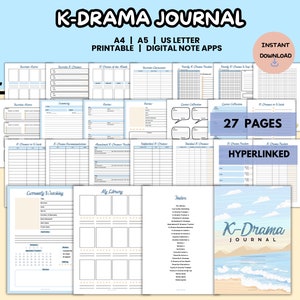 Pode incluir: Um diário digital imprimível de K-Drama com 27 páginas. O diário tem um tema de praia azul e branco com um título que diz "K-Drama Journal". O diário inclui páginas para rastrear dramas, atores e personagens favoritos.
