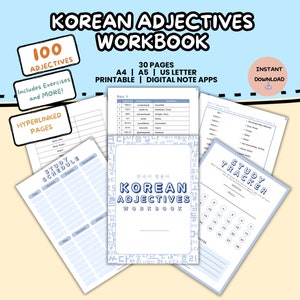 100 Basic Korean Adjectives Workbook Study Pack | Learn Vocabulary Words | Digital & Printable Worksheets | Goodnotes Notability Template