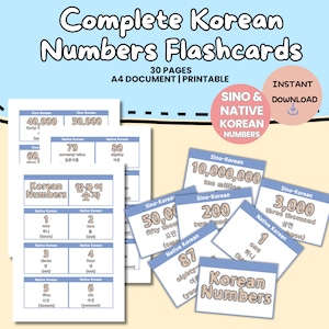 完全な韓国語の数字フラッシュカードの印刷可能なデジタルダウンロード | 中国語と母国語の数字フラッシュカード | 初心者向け外国語学習 PDF