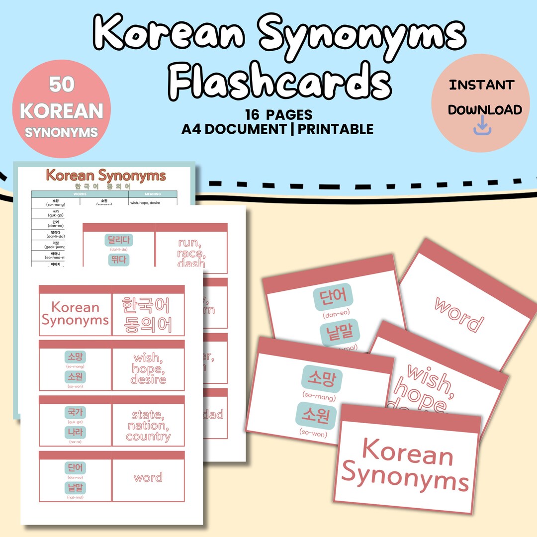 Korean Synonyms Flashcards Printable Digital Download | Learn Basic ...