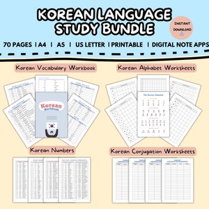 May include: A printable Korean language study bundle with 70 pages of worksheets. The bundle includes a vocabulary workbook, alphabet worksheets, number worksheets, and conjugation worksheets. The worksheets are designed for use with digital note apps.