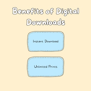 May include: A light yellow background with the text "Benefits of Digital Downloads" in black outlined white text. Two blue boxes with black outlines and white dashed lines around the edges. The top box says "Instant Download" and the bottom box says "Unlimited Prints".