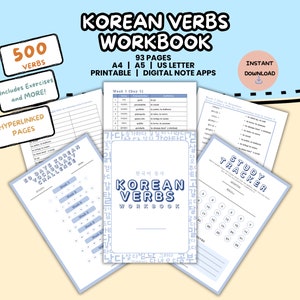 500 Basic Korean Verbs Workbook Study Pack | Basic Vocabulary Words | Instant Download Printable Worksheets | Foreign Language Learning PDF