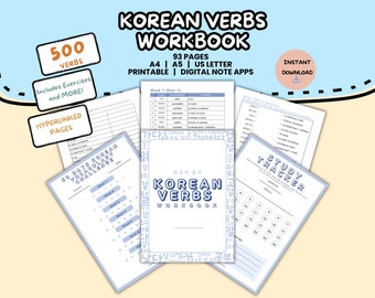 500 Basic Korean Verbs Workbook Study Pack | Basic Vocabulary Words | Instant Download Printable Worksheets | Foreign Language Learning PDF