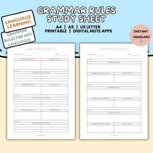 Printable Grammar Rules Study Worksheet Digital Language - Etsy