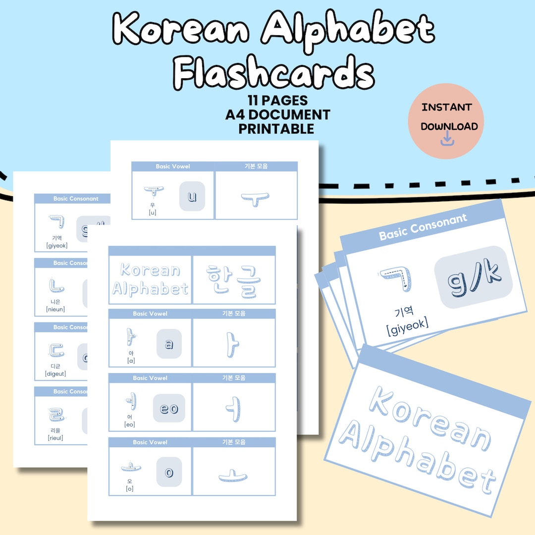 Korean Alphabet Flashcards Printable Digital Download Hangul Etsy