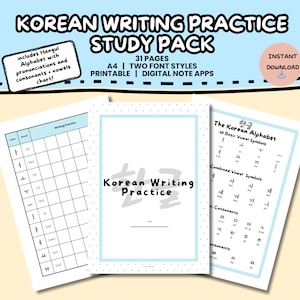 Korean Writing Practice Workbook Study Pack | Hangul Alphabet Chart  | Language Learning Printable Worksheet Practice for Language Learners