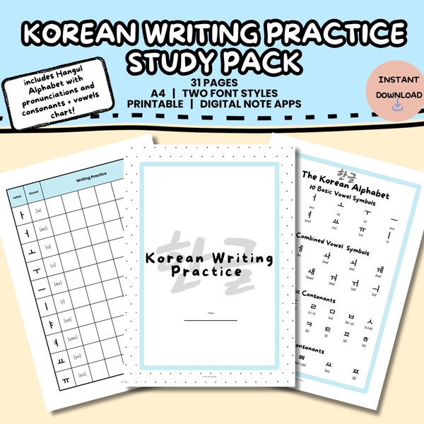 Studiepakket voor Koreaanse schrijfoefeningen | Hangul-alfabetgrafiek | Afdrukbaar werkblad voor het leren van talen voor taalleerders