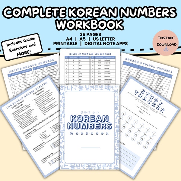 COMPLETE Korean Numbers Workbook Printable | Sino & Native Number Instant Digital Download | Beginner Foreign Language Learning Worksheets