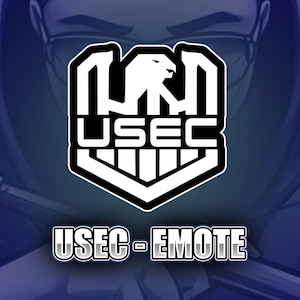 Puede incluir: Un emblema USEC blanco y negro con un diseño de águila estilizada, sobre un fondo azul degradado. El texto "USEC - EMOTE" se muestra debajo en una fuente en negrita y con contorno. El diseño tiene una estética moderna y digital.