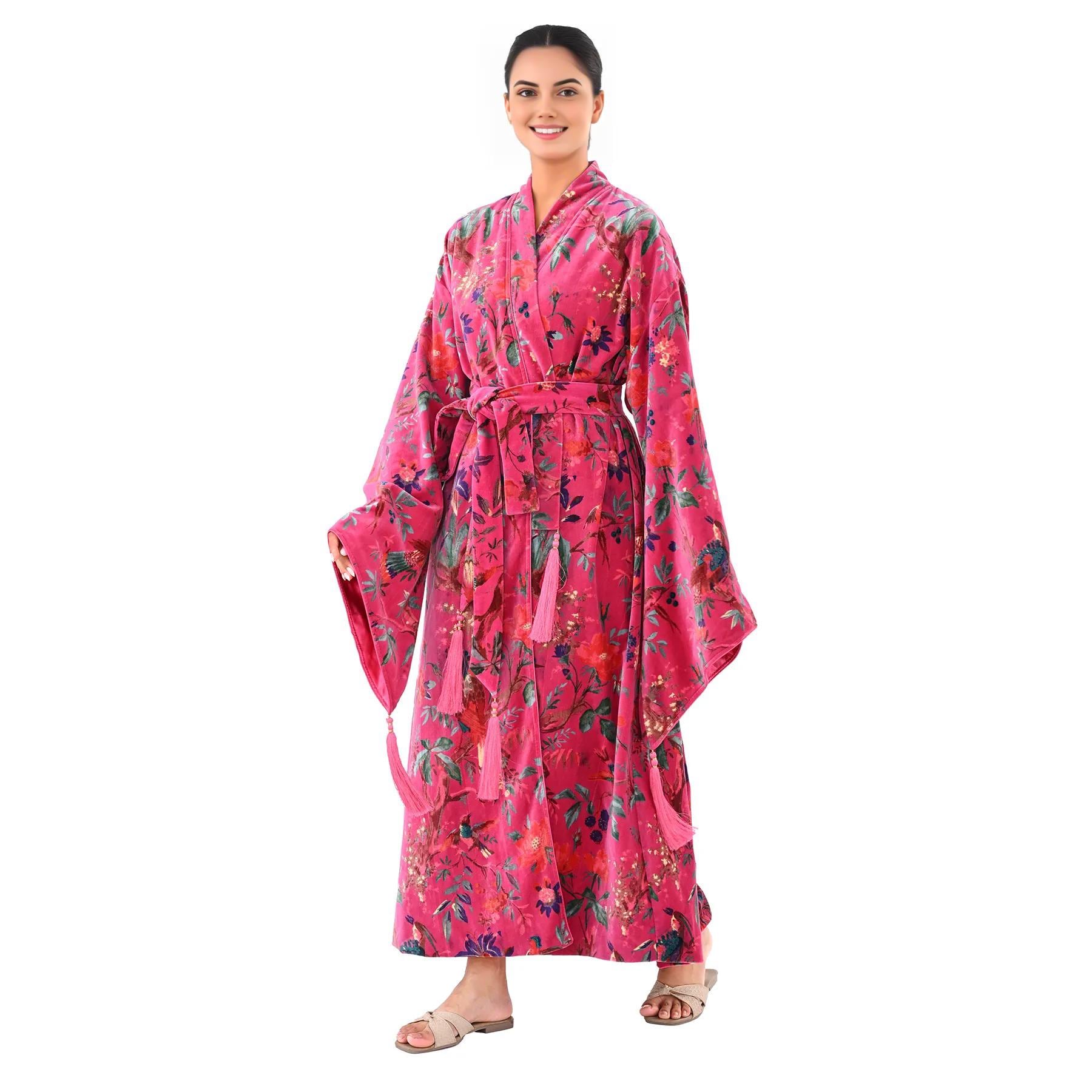 Ofmd Robe OFMD Pink Bird Velvet Kimono Robe, Handmade Cotton Velvet Banyan Wrap ...