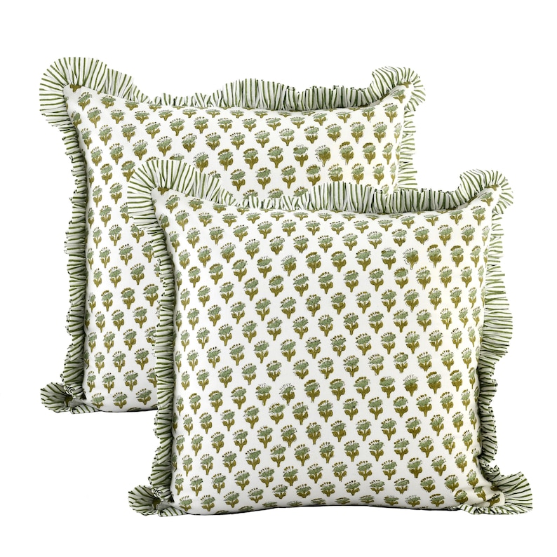 CPC Emerald Green Cotton Block Print Ruffle Throw Bed Pillow Covers for Couch, Decorative Couch Pillows for Living Room, 18x18, set of 2