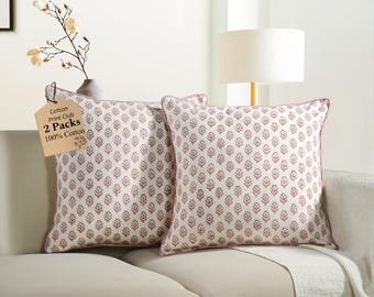 Cottage Mauve Bloom Piping Pillow Cover 18x18" – Hand Block Printed Cotton Floral Cushion, Boho Throw Farmhouse Pillowcase for Sofa & Bed
